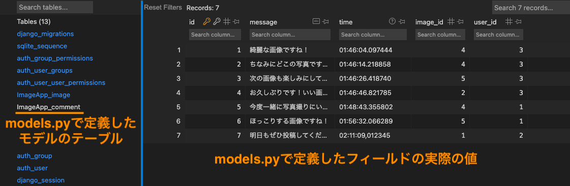 models.pyで作成したモデルのテーブルがSQLite viewerで確認できる様子