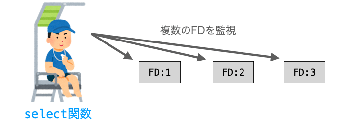 select関数が複数のFDを監視する様子