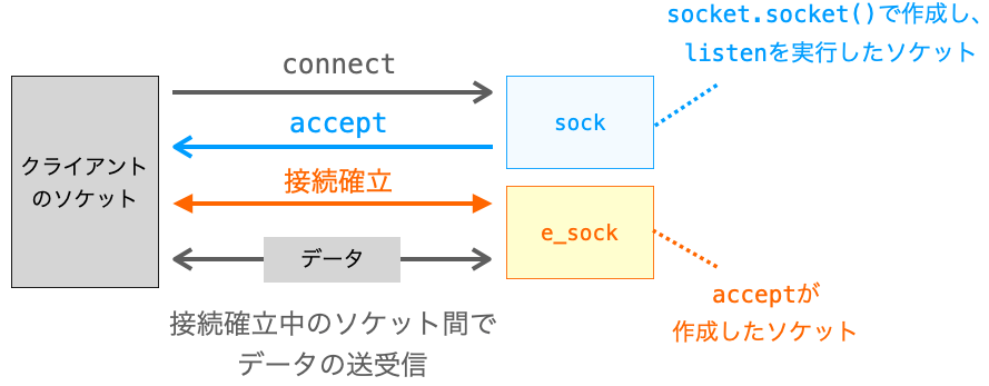 listenメソッドとacceptメソッドの説明図