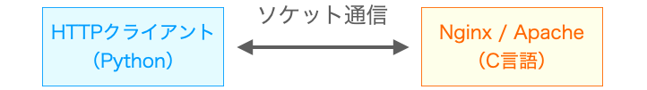 Pythonで開発したHTTPクライアントがC言語で開発されたHTTPサーバーとソケット通信を行う様子