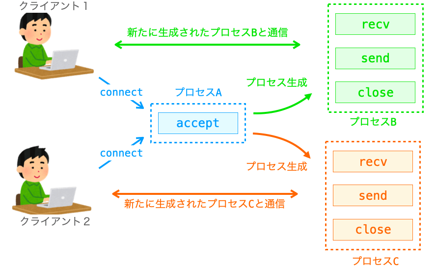 acceptするたびにプロセスを生成する様子