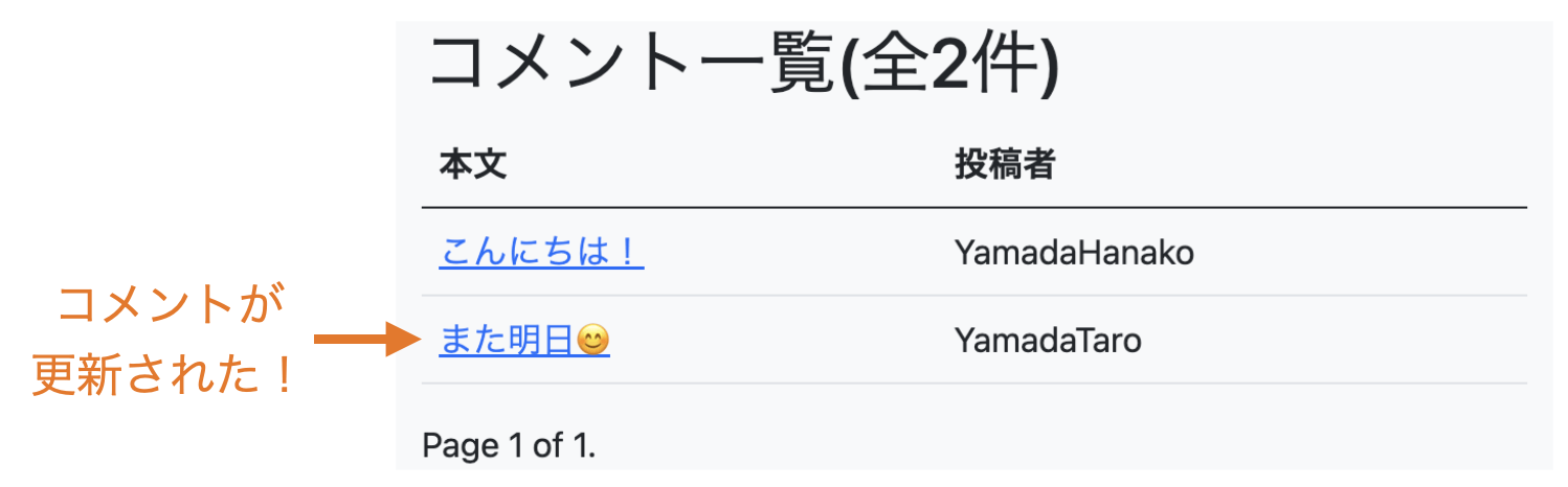 コメントが更新された様子