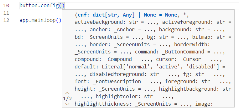 VSCodeのインテリセンス機能でconfigメソッドに指定可能なキーワード引数が提示される様子