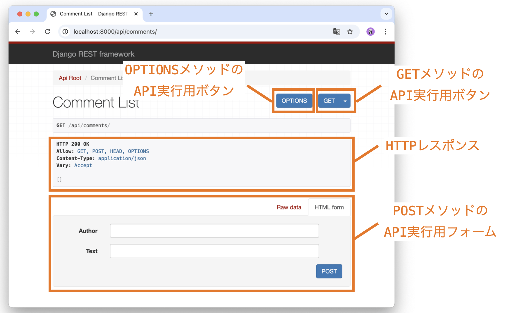 http://localhost:8000/api/comments/をウェブブラウザで開いたときに表示されるUI