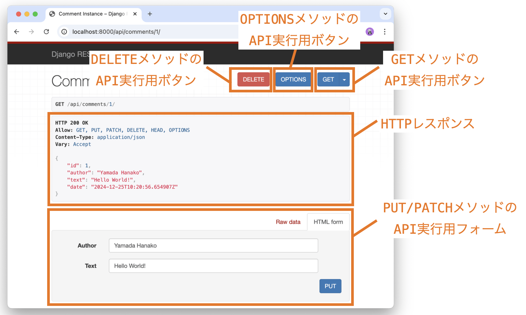 http://localhost:8000/api/comments/{id}/をウェブブラウザで開いたときに表示されるUI