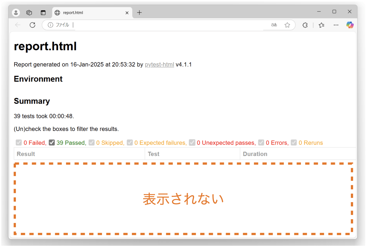 レポートにテストケースのリストが表示されない様子